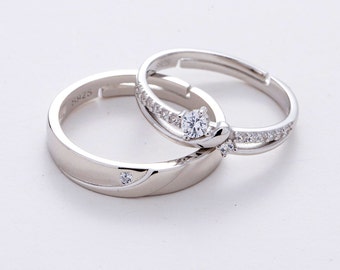 Bagues couple en argent AAA et zirconium 925, Bagues de promesse pour couple, Bagues de fiançailles assorties, Bagues d'anniversaire, Bagues réglables, Cadeaux pour couple