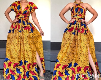 Robe 3 couleurs, wax afrique, robe convertible, multivoies, demoiselle d&#39;honneur