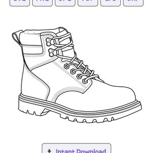 Puede incluir: Un dibujo en blanco y negro de una bota de trabajo con cordones y una suela gruesa.