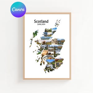 May include: A framed print featuring a map of Scotland composed of various landscape photographs. The word "Scotland" and the date "JUNE, 2024" are displayed at the top. The frame is a light brown color, and the background is white.