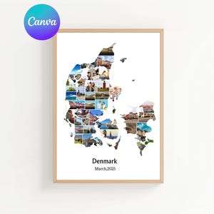 Op de afbeelding: Een ingelijste print met een kaart van Denemarken, samengesteld uit talrijke kleine foto's. De kaart staat tegen een witte achtergrond, met de naam van het land en een datum onderaan. De lijst is lichtbruin.