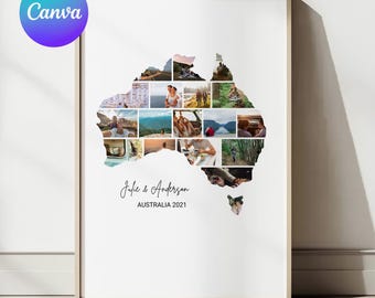Personalized Australia Travel Gift, Collage Template, Australia Map Photo Collage, Holiday Storyboard