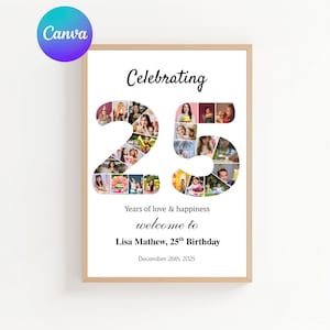 May include: A framed print celebrating a 25th birthday. The number 25 is filled with photos. The text reads "Celebrating", "Years of love & happiness", "welcome to Lisa Mathew, 25th Birthday", and "December 26th, 2025".