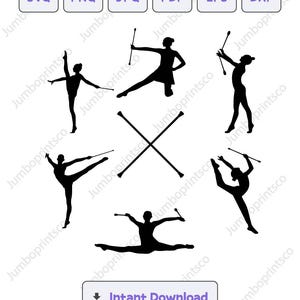 May include: Black silhouette illustrations of rhythmic gymnasts performing various poses with batons. The image includes file type icons: SVG, PNG, JPG, PDF, EPS, and DXF, along with an "Instant Download" button.