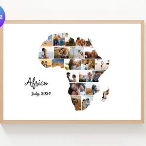 May include: A framed print with a collage of photographs forming the shape of Africa. The word "Africa" and the date "July, 2024" are written below the continent shape. The frame is a light wood colour. The photographs show various people.