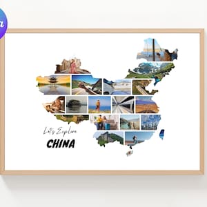 Colagem de fotos personalizada de viagem à China: Mapa personalizado para presente (Download digital, modelo do Canva)