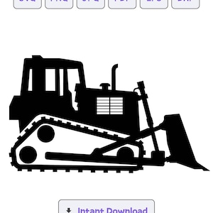 May include: Black silhouette of a bulldozer with a large blade. The bulldozer is on a white background.
