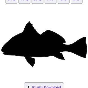 May include: Black silhouette of a redfish, a type of fish commonly found in saltwater environments. The fish is facing left and has a large, rounded body with a pointed head and a long, thin tail.