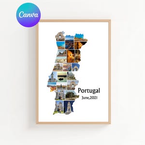 Op de afbeelding: Een ingelijste print met een collage van afbeeldingen in de vorm van Portugal. De print bevat de tekst "Portugal June, 2021". De lijst is lichtbruin. Het Canva-logo staat in de linkerbovenhoek.