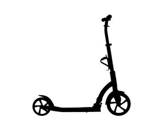 May include: Black silhouette of a kick scooter with two wheels. The scooter has a handlebar with a brake lever.