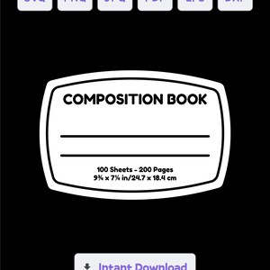 Puede incluir: Ilustración en blanco y negro de un cuaderno de composición con el texto "COMPOSITION BOOK" y "100 Sheets - 200 Pages 9 1/4 x 7 1/2 in/24.7 x 18.4 cm".