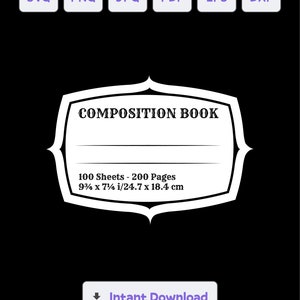 Puede incluir: Un diseño imprimible en blanco y negro para una portada de cuaderno de composición. El diseño presenta un marco decorativo con el texto "COMPOSITION BOOK" y los detalles "100 Sheets - 200 Pages 9 3/4 x 7 1/4 in/24.7 x 18.4 cm".