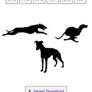 Puede incluir: Imágenes de siluetas negras de tres perros: uno corriendo, uno saltando y uno de pie. Encima de los perros hay iconos de tipo de archivo para SVG, PNG, JPG, PDF, EPS y DXF. Debajo de los perros hay un botón que dice "Descarga instantánea".