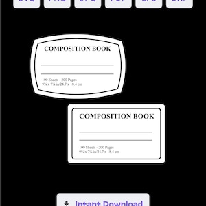 Puede incluir: Diseño imprimible en blanco y negro para una portada de cuaderno de composición. El diseño presenta el texto "COMPOSITION BOOK" y las dimensiones "9 1/4 x 7 1/4 in/24.7 x 18.4 cm".
