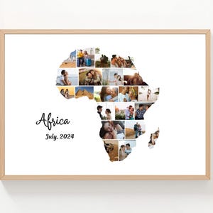 Puede incluir: Impresión enmarcada con un collage de fotografías en forma del continente africano. La palabra "Africa" está escrita en cursiva, con "July, 2024" debajo. El marco es de color madera clara.