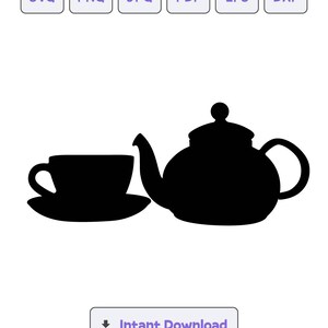 May include: Black silhouette of a teapot and a teacup on a saucer. The teapot has a round body and a spout. The teacup has a handle. The image is on a white background.