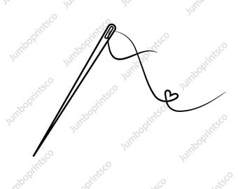 May include: A black and white line drawing of a needle and thread with a heart at the end of the thread.