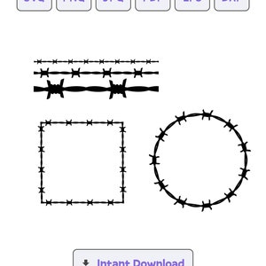 Könnte beinhalten: Ein Satz mit vier schwarzen Stacheldraht-Designs, darunter ein Quadrat, ein Kreis und zwei horizontale Linien. Die Designs sind auf weißem Hintergrund isoliert.