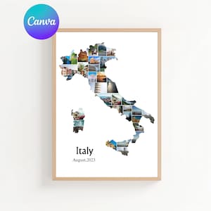May include: A framed print featuring a map of Italy composed of numerous small photographs. The word "Italy" is printed in black, along with "August, 2023". The frame is a light brown color, and the background is white.