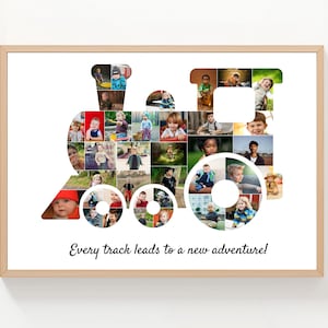 Op de afbeelding: Een ingelijste print met een trein-vormige collage van kinderfoto's. De trein is wit, met de foto's die de vorm vormen. De tekst "Every track leads to a new adventure!" staat onderaan. De lijst is lichtbruin.