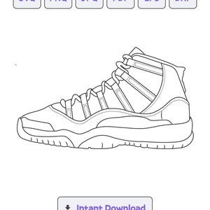 May include: A black and white line drawing of a high-top sneaker with laces and a thick sole.