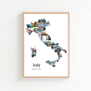 May include: A framed print featuring a map of Italy composed of numerous small photographs. The word "Italy" and the date "August, 2023" are printed in black at the bottom. The frame is a light brown color.
