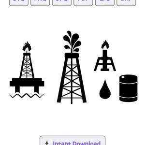 May include: Black and white silhouette illustration of an oil rig with a flame on top. There are three other oil rig silhouettes, a drop of oil, and a barrel of oil.