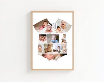 Gepersonaliseerde babyjurk fotocollage | Aanpasbare Canva-sjabloon en mijlpaalposter | Kunst direct downloaden