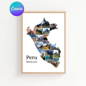 May include: A framed print featuring a collage of images within the outline of Peru. The print includes the word "Peru" and "March, 2020" in black text. The Canva logo is in the upper left corner.