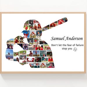 Puede incluir: Un collage enmarcado con temática de béisbol. La imagen presenta una silueta de jugador de béisbol llena de fotos de acción. El nombre "Samuel Anderson" y la cita "Don't let the fear of failure stop you" se muestran.