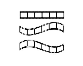 May include: Three black and white film strips, one straight and two curved, against a white background.