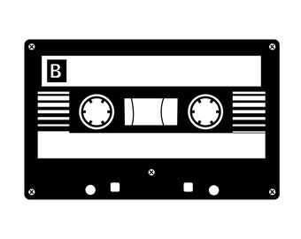 May include: Black and white illustration of a cassette tape with the letter "B" on the left side. The tape has two spools and a rectangular window in the center.
