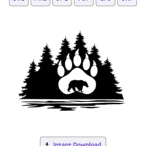 Bear in Bear Paw Print bos scène silhouet SVG, svg, dxf, eps, Bear Paw Print Cricut, clipart, silhouetsnijbestand, Instant Download