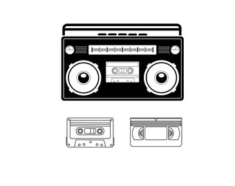 May include: Black and white line art illustration of a vintage boombox with cassette tape player, a cassette tape, and a VHS tape. The boombox has a large dial and two speakers. The cassette tape is in a plastic case. The VHS tape is in a plastic case with a label.