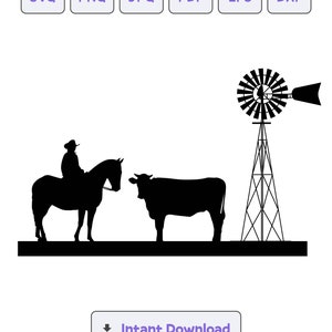 Cattle Ranching Scene with Farm Windmill Silhouette SVG, svg, dxf,eps, Cattle Cricut,Windmill Clipart, Silhouette Cut File, Instant Download