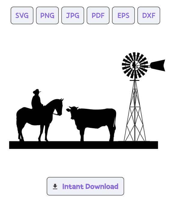 Cattle Ranch Windmill Silhouette: Farm Scene SVG, DXF, EPS (Digital Download)