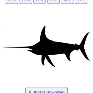 以下が含まれることがあります： 長いとがったくちばしを持つ、黒いシルエットのメカジキ。魚は左を向いており、大きな背びれがあります。