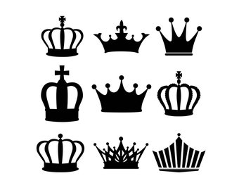 Puede incluir: Nueve diseños de corona en silueta negra. Las coronas son de varios estilos, incluyendo una corona de rey, una corona de reina y una corona simple. Las coronas están todas mirando hacia adelante y están sobre un fondo blanco.
