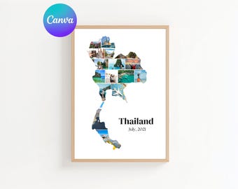 Thailand Map Photo Collage Template: Personalized Travel Keepsake (Canva Digital Download