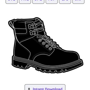May include: A black and white outline illustration of a work boot with laces. The boot has a thick sole and a rounded toe.