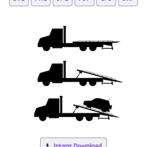 Op de afbeelding: Zwarte silhouet van een sleepwagen met een laadplatform en een helling. De wagen wordt in drie posities getoond: met de helling omlaag, met de helling omhoog en met een auto op het laadplatform. De afbeelding is een digitale illustratie.