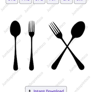 May include: A black and white illustration of a fork and spoon. The fork and spoon are crossed over each other.