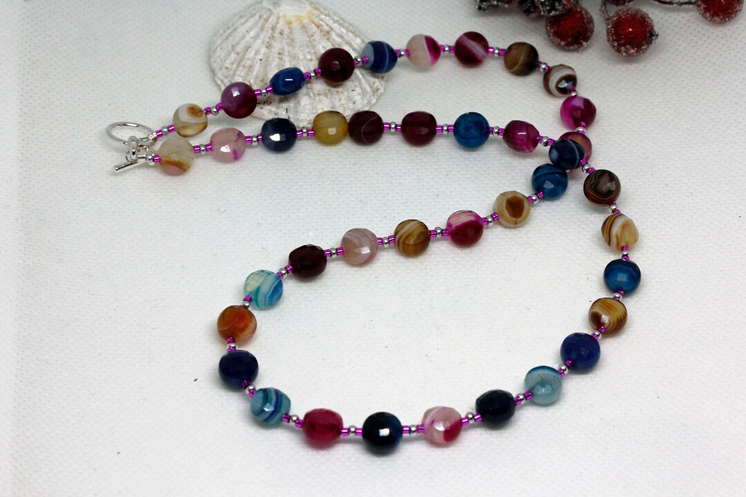 Collier Création Unique En Agates Multicolores - Argent Tibétain, Longueur 61-65 Cm