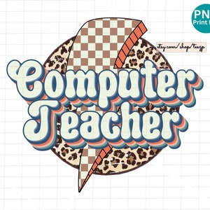 Computer Teacher Retro PNG, Computer Teacher Leopard Sublimation design, Groovy Computer Teacher Lightning Bolt Design, PNG Digital Download