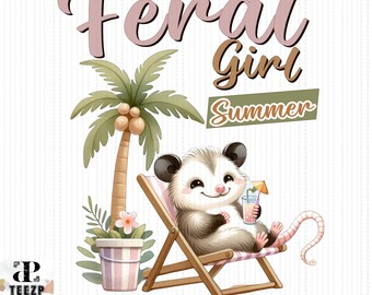 Feral Girl Summer Opossum PNG, Beach sublimation design, Water color Funny Cute Opossum shirt design, Summer Graphic Digital Art Download