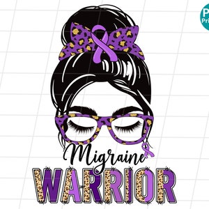 Migraine Awareness messy bun warrior PNG, Migraine Awareness leopard  Sublimation design, Migraine Shirt PNG, Migraine purple Ribbon PNG