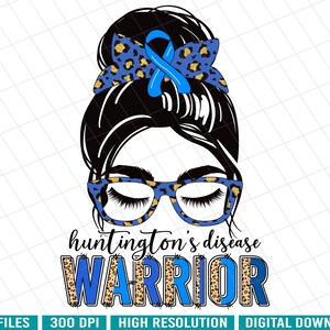 Huntington’s Disease warrior messy bun PNG, Huntington&#39;s Disease Awareness Leopard cheetah sublimation, Blue Ribbon Huntington&#39;s shirt PNG