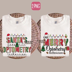 Puede incluir: Dos sudaderas blancas con diseños navideños. Una dice "Santa's favorite optometry technician" con un gorro de Papá Noel y luces. La otra dice "one merry optometry technician" con un gorro de Papá Noel y un árbol de Navidad.