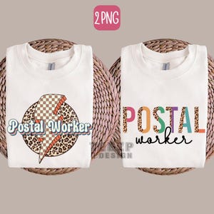 May include: Two white sweatshirts with the words "Postal Worker" printed on them. One design features a lightning bolt with a checkered and leopard print pattern. The other design has the words "Postal worker" in colorful letters.