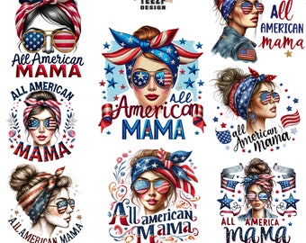All american Mama messy bun PNG, American Mama Embroidered PNG, Patriotic Messy bun bundle sublimation PNG, Usa sublimation designs download